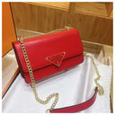 Solid color leather crossbody bag with triangle logo And an elegant shoulder chain