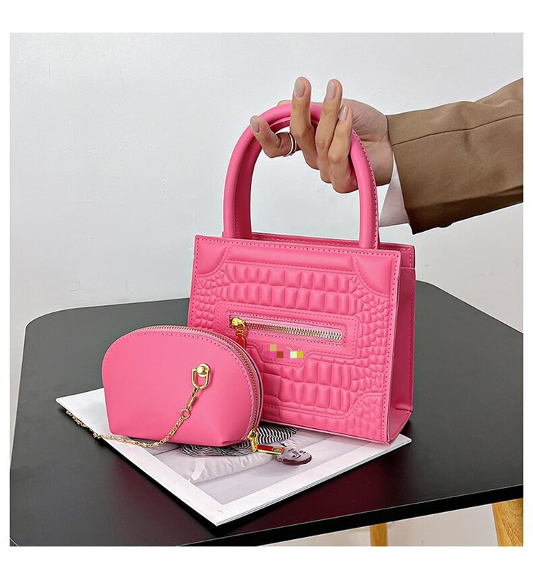 حقيبة يد جلدية مربعة الشكل أنيقة بسحاب خارجي، يد منحنية، ومحفظة إضافية بنفس اللون مع قلادة ذهبية.