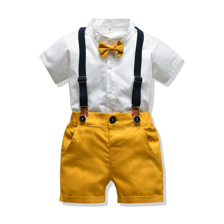 A three-piece set for a boy, a white short-sleeved shirt with yellow shorts and a shoulder strap