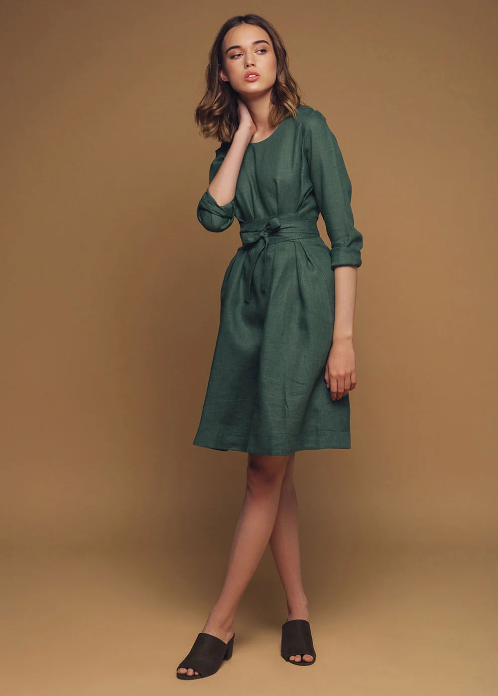 Autumn linen midi dress with long sleeves and belt