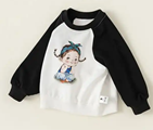 white pullover rounded nick and black sleeves , with a cartoon girl printed