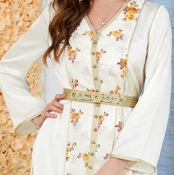 gaftan glabiya with long sleeves , one piece, with flowers in the middle ,with a belt