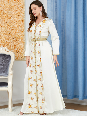 gaftan glabiya with long sleeves , one piece, with flowers in the middle ,with a belt