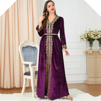 gaftan glabiya with long sleeves , one piece , dark purple with gold embroidery and with belt