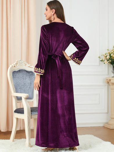 gaftan glabiya with long sleeves , one piece , dark purple with gold embroidery and with belt