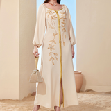 galabia with gold middle line , long buffy sleeves and gold flowers embroidery